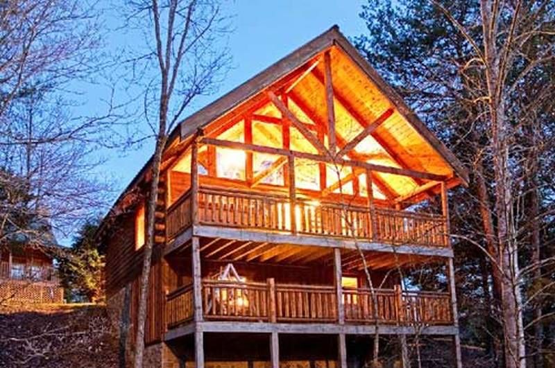 exterior view of a cabin rental in gatlinburg, featuring two decks 
